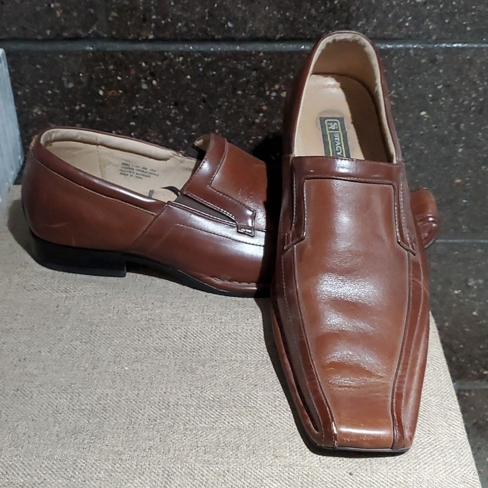 MENS DRESSY STACY ADAMS BROWN LEATHER SLIP ON SQUARE TOE LOAFERS SIZE 10